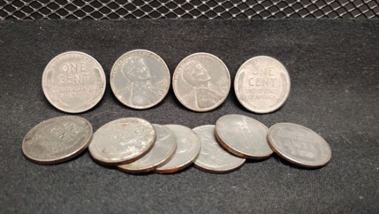 (11) U.S. 1943 STEEL WAR WHEAT PENNIES - D,S AND NO/UNKNOWN MINT MARKS