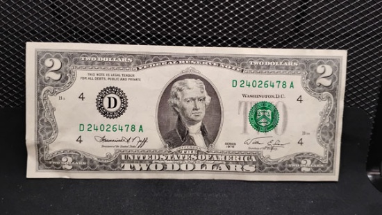 U.S. 1976 GREEN SEAL $2 BILL - SERIAL # D24026478A