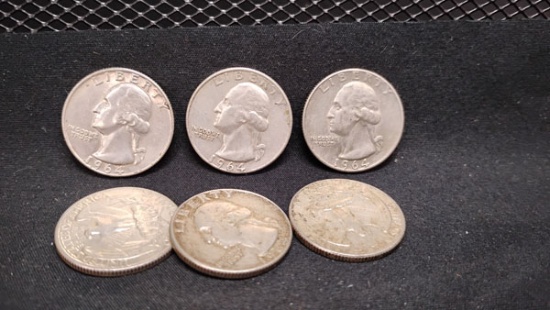 (6)  U.S. 1964 SILVER WASHINGTON QUARTERS D MINT AND NO MINT MARKS