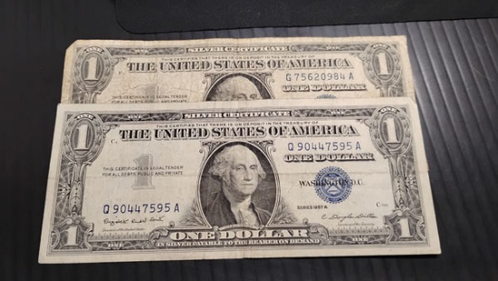 (2) U.S. 1957-A BLUE SEAL $1 SILVER CERTIFICATES - SERIAL # G75620984A AND Q90447595A