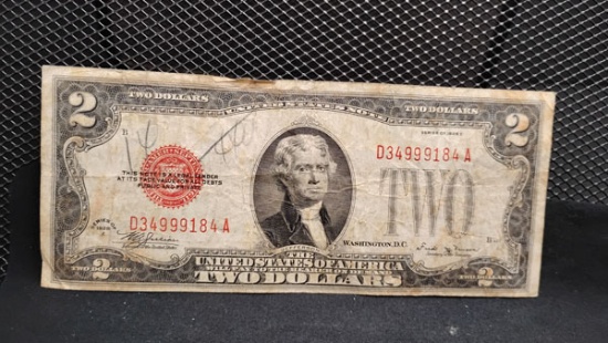 U.S. 1928-E RED SEAL $2 BILL - SERIAL # D34999184A