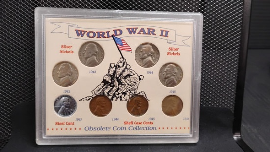 U.S. WWII 1942-1946 OBSOLETE COIN COLLECTION - (4) SILVER NICKELS, STEEL CENT AND (3) SHELL CASE CEN