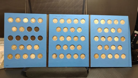 U.S. BARBER AND MERCURY DIME COLLECTORS BOOKLET WITH 62 DIMES RANGING IN YEAR FROM 1899-1942