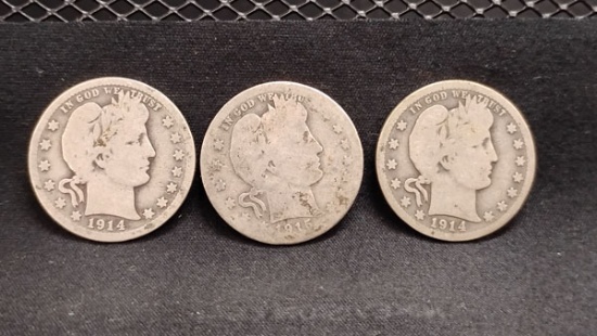 (3) U.S. SILVER BARBER QUARTERS (2) 1914-D AND (1) 1915-S