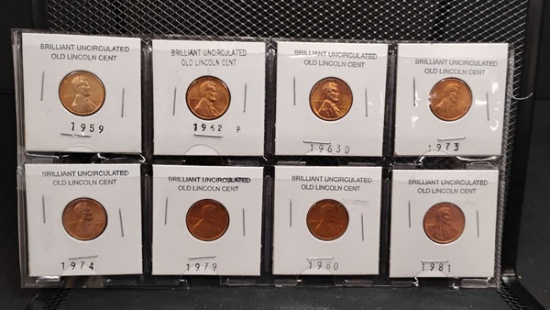 (8) BRILLIANT UNCIRCULATED OLD LINCOLN CENTS 1959-1981