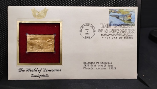 USPS AUTHORIZED GOLD STAMP REPLICA "THE WORLD OF DINOSAURS" 32¢