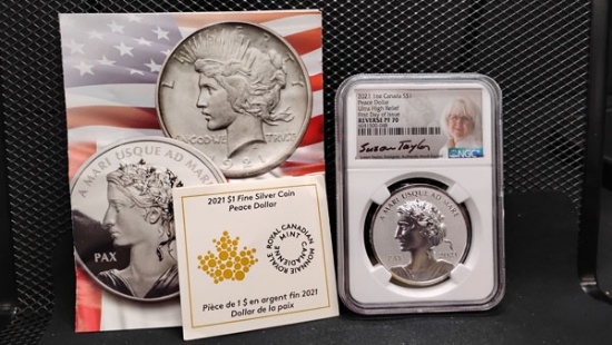 2021 CANADIAN $1 FINE SILVER PEACE DOLLAR - ULTRA HIGH RELIEF - FIRST DAY OF ISSUE - REVERSE PF70