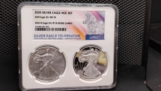 U.S. 2020 SILVER EAGLE 2 COIN $1 PROOF SET - PF70 ULTRA CAMEO