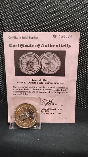 U.S. 1886-1986 SILVER SATUE OF LIBERTY SERIES L "DOUBLE EAGLE" COMMEMORATIVE COIN WITH CERTIFICATE