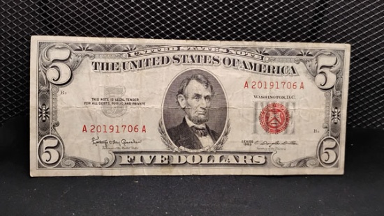 U.S. 1963 RED SEAL $5 BILL - SERIAL # A20191706A