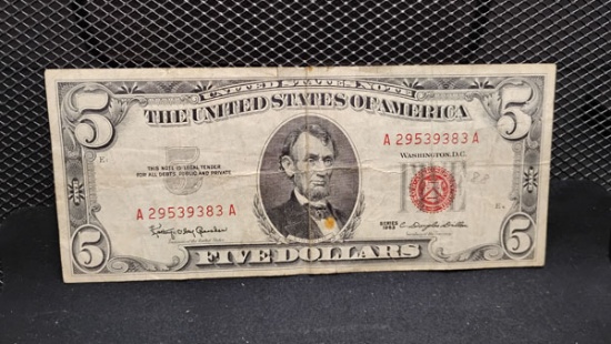 U.S. 1963 RED SEAL $5 NOTE - SERIAL # A29539383A