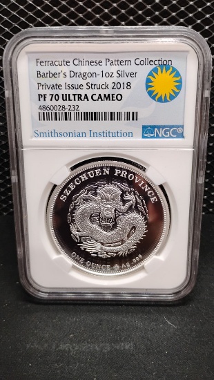 2019 1 oz SILVER BARBERS DRAGON - FERRACUTE CHINESE PATTERN COLLECTION - PRIVATE ISSUE STRUCK - PF70