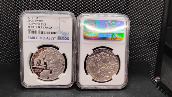 (2) 2016-P SILVER $1 MARK TWAIN EARLY RELEASES MS70 AND PF70 ULTRA CAMEO COINS