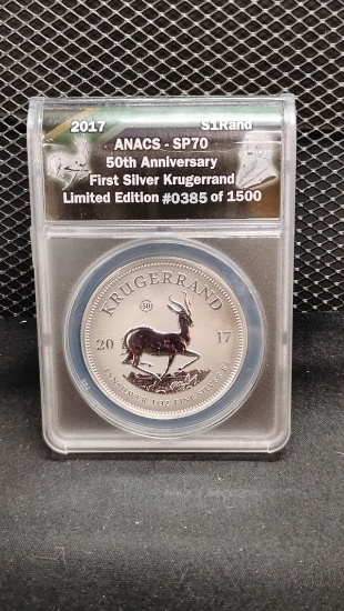 2017 SOUTH AFRICAN 50TH ANNIVERSARY FIRST SILVER KRUGERRAND LIMITED EDITION COIN #0385 OF 1500