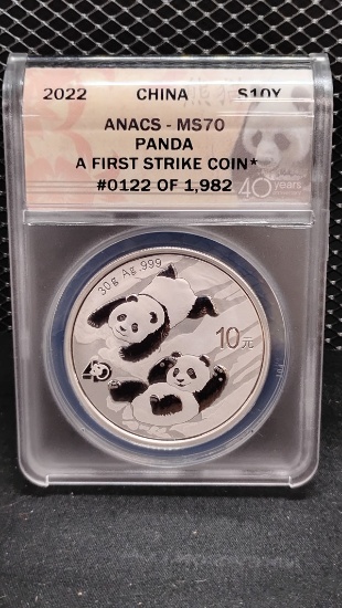 2022 CHINA SILVER 10  YUAN PANDA COIN - A FIRST STRIKE # 0122 OF 1982 - MS70