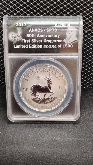 2017 SOUTH AFRICAN 50TH ANNIVERSARY FIRST SILVER KRUGERRAND LIMITED EDITION COIN #0384 OF 1500