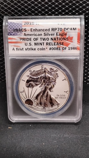 2019-W FINE SILVER U.S. $1 AMERICAN SILVER EAGLE PRIDE OF 2 NATIONS U.S. MINT RELEASE - A FIRST STRI