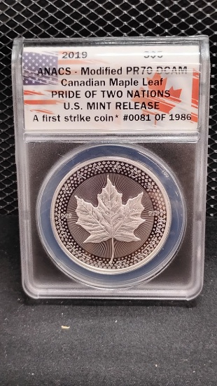2019 SILVER $5 CANADIAN  MAPLE LEAF PRIDE OF 2 NATIONS COIN - A FIRST STRIKE COIN  #81 OF 1986 - PR7