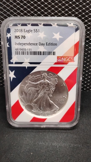 2018 U.S. INDEPENDENCE DAY EDITION $1 SILVER EAGLE COIN - MS70