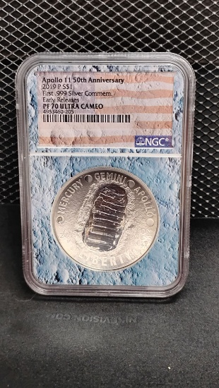 2019-P U.S. APOLLO 11 50th ANNIVERSARY 1oz SILVER $1 COMMEMORATIVE COIN - EARLY RELEASES PF70 ULTRA