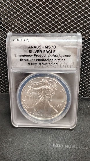 2021-P $1 U.S. SILVER EAGLE EMERGENCY PRODUCTION ASSISTANCE AT PHILADELPHIA FIRST STRIKE COIN - MS70