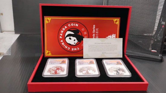 SET OF (3) 2021 CHINA 30 GRAM SILVER 10 YUAN PANDA COINS IN DISPLAY CASE - (G, S AND Y) - FIRST RELE