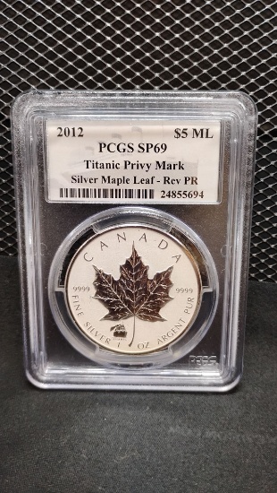 2012 SILVER CANADIAN $5 TITANIC PRIVY MARK MAPLE LEAF COIN - SP69 - REV PR