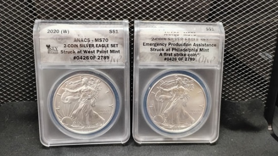 (2) 2 COIN SILVER EAGLE SETS - BOTH #426 OF 2789 - LEFT: 2020-W MS70 , RIGHT: 2020-P EMERGENCY PRODU