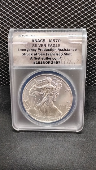 202-S U.S. $1 SILVER EAGLE EMERGENCY PRODUCTION ASSISTANCE - FIRST STRIKE COIN #1516 OF 2497 - MS70