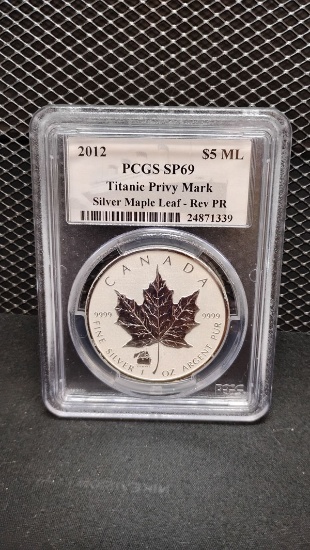 2012 CANADIAN SILVER $5 TITANIC PRIVY MARK MAPLE LEAF COIN - SP69 - REV PR