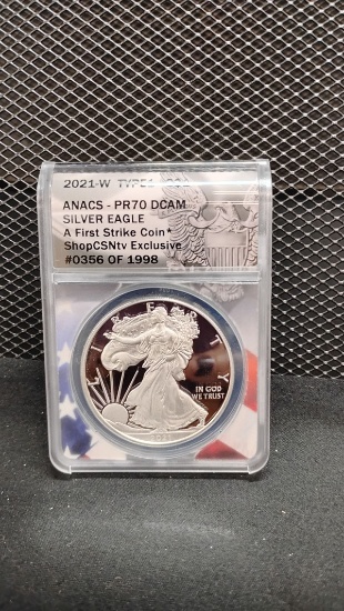 2020-W TYPE 1 U.S. $1 SILVER EAGLE A FIRST STRIKE COIN #356 OF 1998 - PR70