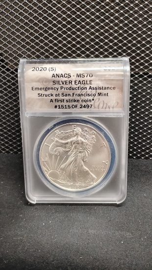 2020-S U.S. $1 SILVER EAGLE COIN - EMERGENCY PRODUCTION ASSISTANCE - A FIRST STRIKE COIN #1515 OF 24