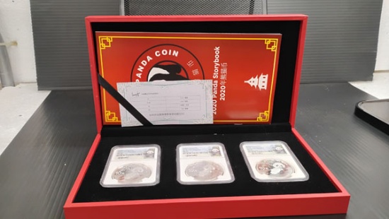 SET OF 3 CHINA SILVER 10 YUAN PANDA COINS - G, Y AND S - FIRST RELEASES - MS70 - RETAIL WAS $399