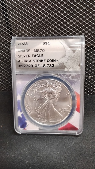 2023 U.S. $1 SILVER EAGLE A FIRST STRIKE COIN # 12,729 OF 18,732 - MS70