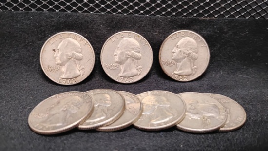 (9) U.S. 1962 SILVER WASHINGTON QUARTERS - ALL D MINT