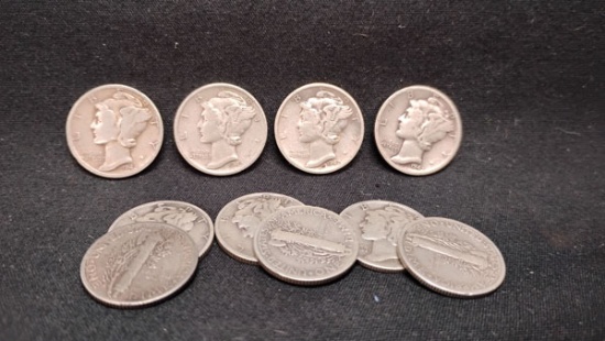 (10) U.S. SILVER MERCURY DIMES - NO MINT MARKS - 1940, (3) 1941 AND (6) 1942