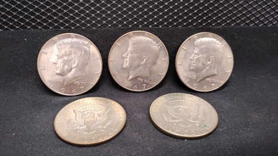 (5) U.S. 1967 KENNEDY HALF DOLLAR COINS - NO MINT MARKS