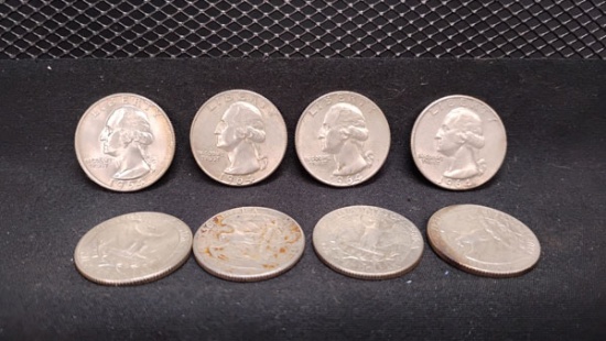 (8) U.S. SILVER 1964 WASHINGTON QUARTERS - ALL D MINT