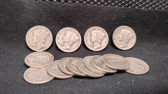 (14) U.S. SILVER MERCURY DIMES - D, S AND NO MINT MARKS - (7) 1944 AND (7) 1945