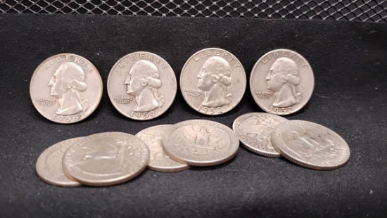 (10) U.S. SILVER WASHINGTON QUARTERS 1956-1959 - D MINT OR NO MINT