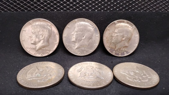 (6) U.S. KENNEDY HALF DOLLAR COINS - D MINT - (5) 1968 AND (1) 1969