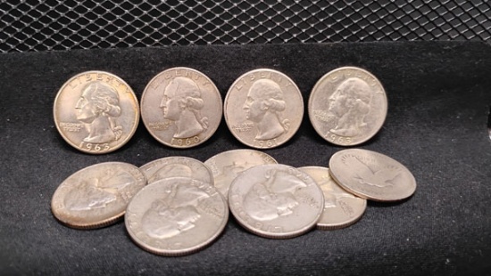 (11) U.S. SILVER WASHINGTON QUARTERS AND STANDING LIBERTY QUARTERS 1960-1963 - D MINT OR NO MINT