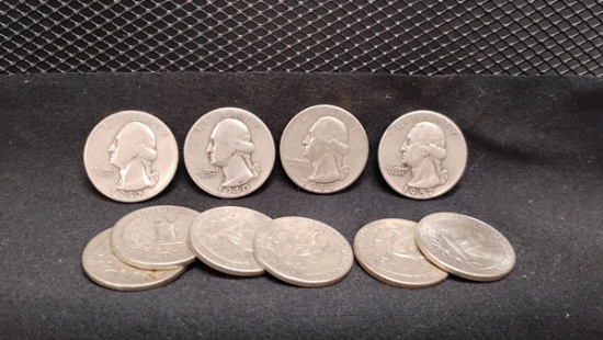 (10) U.S. SILVER WASHINGTON QUARTERS 1940-1964 - D MINT MARK OR NO MINT MARK