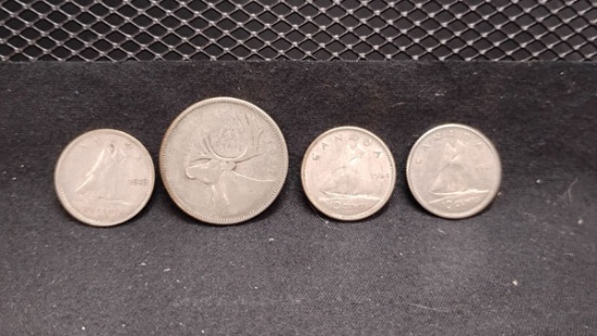 (4) SILVER CANADIAN COINS - 1957 QUARTER, (3) DIMES 1943, 1964 AND 1955