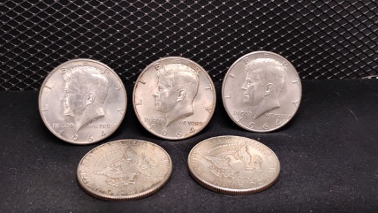 (5) U.S. SILVER 1964 KENNEDY HALF DOLLAR COINS - D MINT OR NO MINT MARK