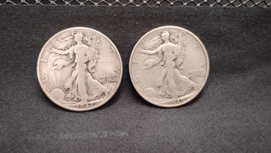 (2) U.S. SILVER WALKING LIBERTY HALF DOLLAR COINS - 1940 AND 1942 - NO MINT MARKS