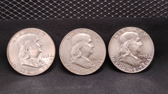 (3) 1963-D U.S. SILVER BENJAMIN FRANKLIN HALF DOLLAR COINS