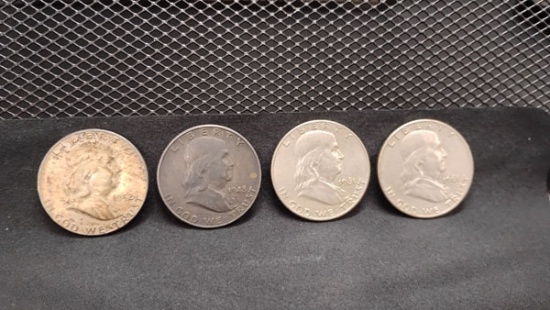 (4) U.S. SILVER BENJAMIN FRANKLIN HALF DOLLAR COINS 1948, 1952, AND (2) 1961 , D MINT MARK OR NO MIN