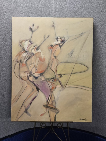 FRAMED OIL ON CANVAS WITH WOODEN FRAME - 2 ABSTRACT FIGURES "THE CALDERS SWALLOW SPADES, THE SWALLOW
