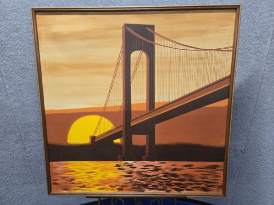 FRAMED GOLDEN GATE BRIDGE SUNSET ON CANVAS - ARTIST SIGNED - 37" X 37"